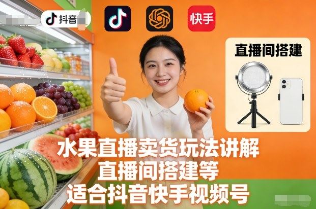 水果直播卖货玩法讲解、直播间搭建等，适合抖音快手视频号-云创智库